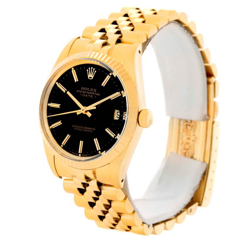 This image shows a Rolex Vintage Collection 15037 Men's Yellow Gold Black Dial 15037 Men's Yellow Gold Black Dial model watch at a slight angle, highlighting its black dial, gold case, and metal bracelet.