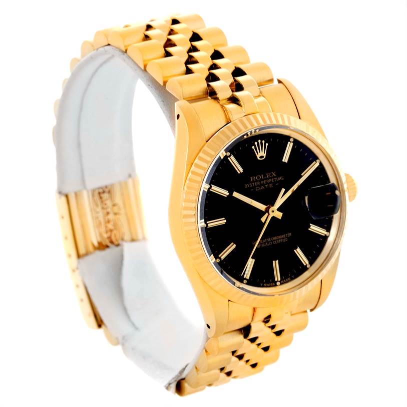 The image shows a Rolex Vintage Collection 15037 Men's Yellow Gold Black Dial 15037 Men's Yellow Gold Black Dial watch angled from the side, displaying its golden bracelet, bezel, and black dial.