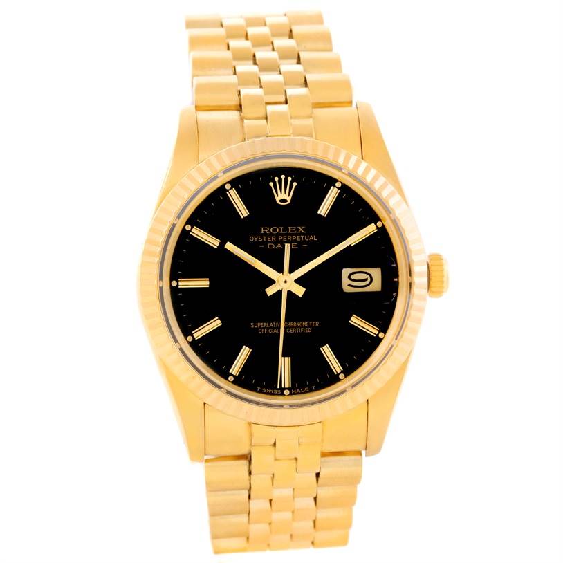 The image shows a front view of a Rolex Vintage Collection 15037 Men's Yellow Gold Black Dial 15037 Men's Yellow Gold Black Dial Oyster Perpetual Date watch, featuring a gold bracelet and black dial.