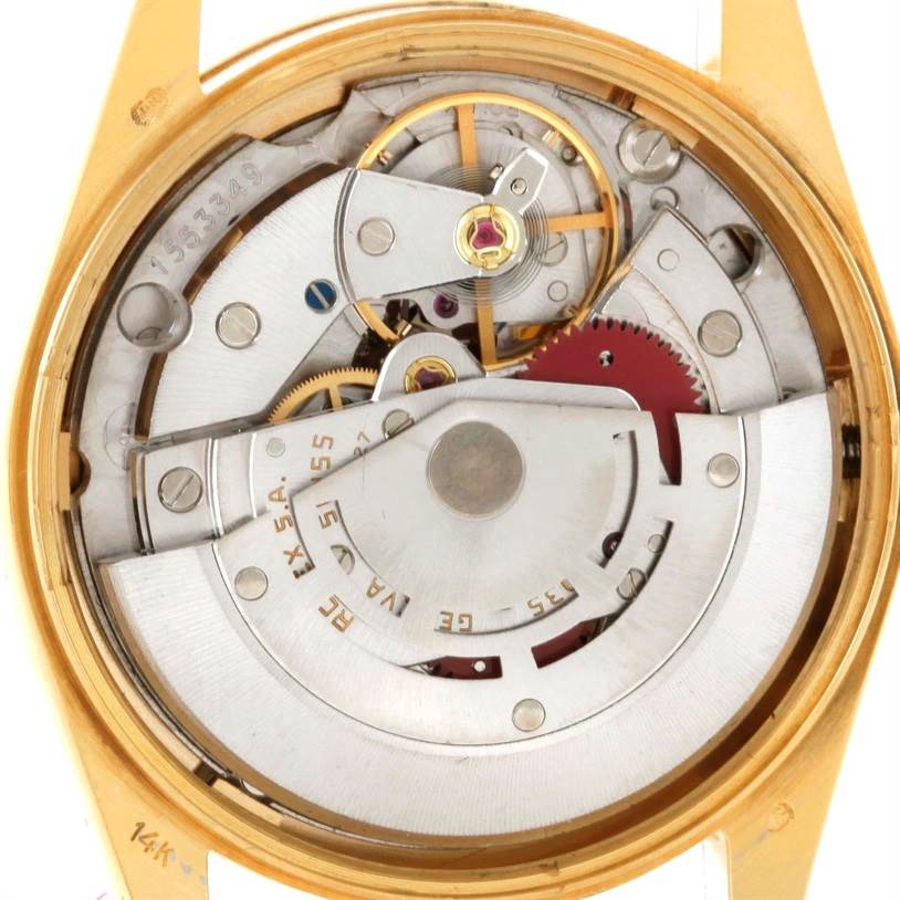 This image shows the movement and internal mechanism of a Rolex Vintage Collection 15037 Men's Yellow Gold Black Dial 15037 Men's Yellow Gold Black Dial watch from the back angle.
