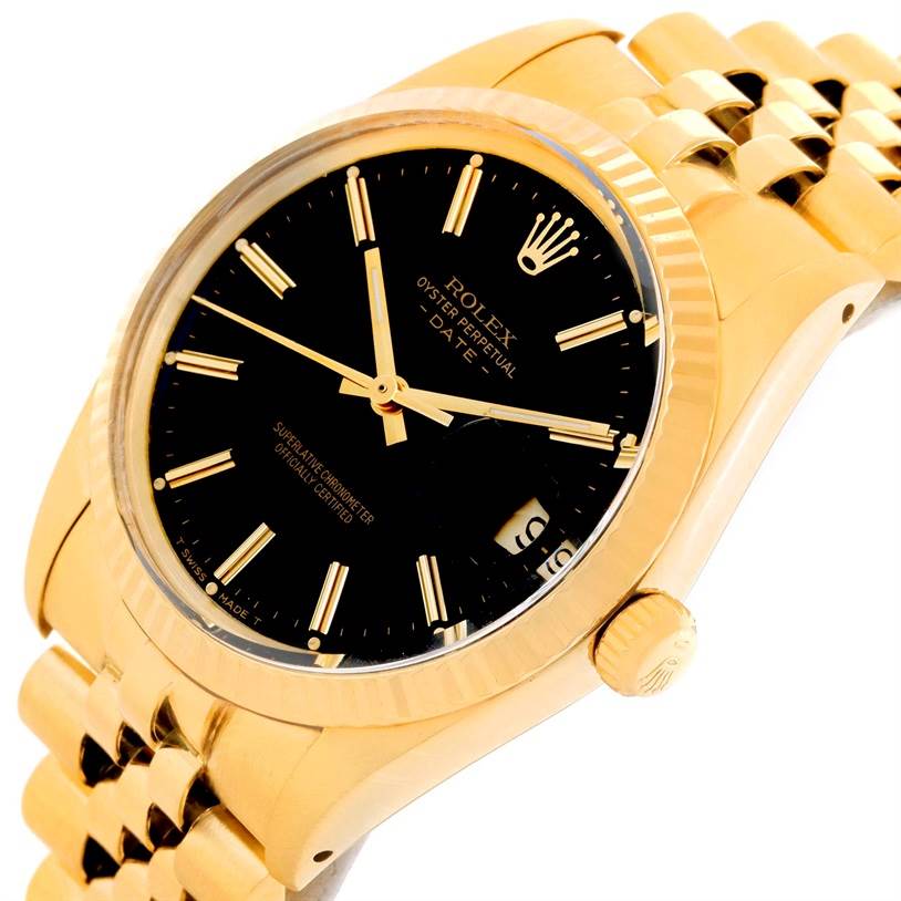 The image shows a Rolex Vintage Collection 15037 Men's Yellow Gold Black Dial 15037 Men's Yellow Gold Black Dial model watch angled to display its black dial, gold casing, crown, and part of the bracelet.