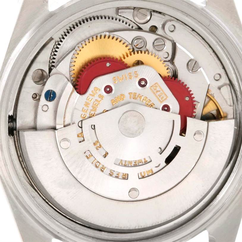 The image shows the intricate internal mechanism of the Rolex Vintage Collection 1601 Men's Stainless Steel Silver Dial 1601 Men's Stainless Steel Silver Dial model watch from a rear angle.