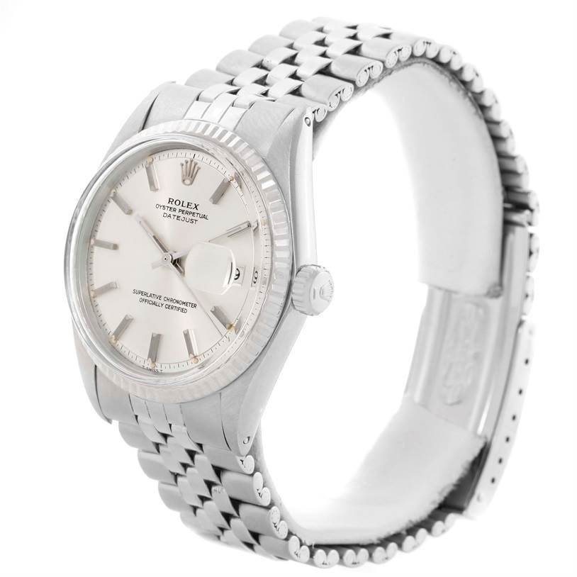 The image shows a Rolex Vintage Collection 1601 Men's Stainless Steel Silver Dial 1601 Men's Stainless Steel Silver Dial model watch at a three-quarter angle, highlighting the dial, bezel, crown, and bracelet.