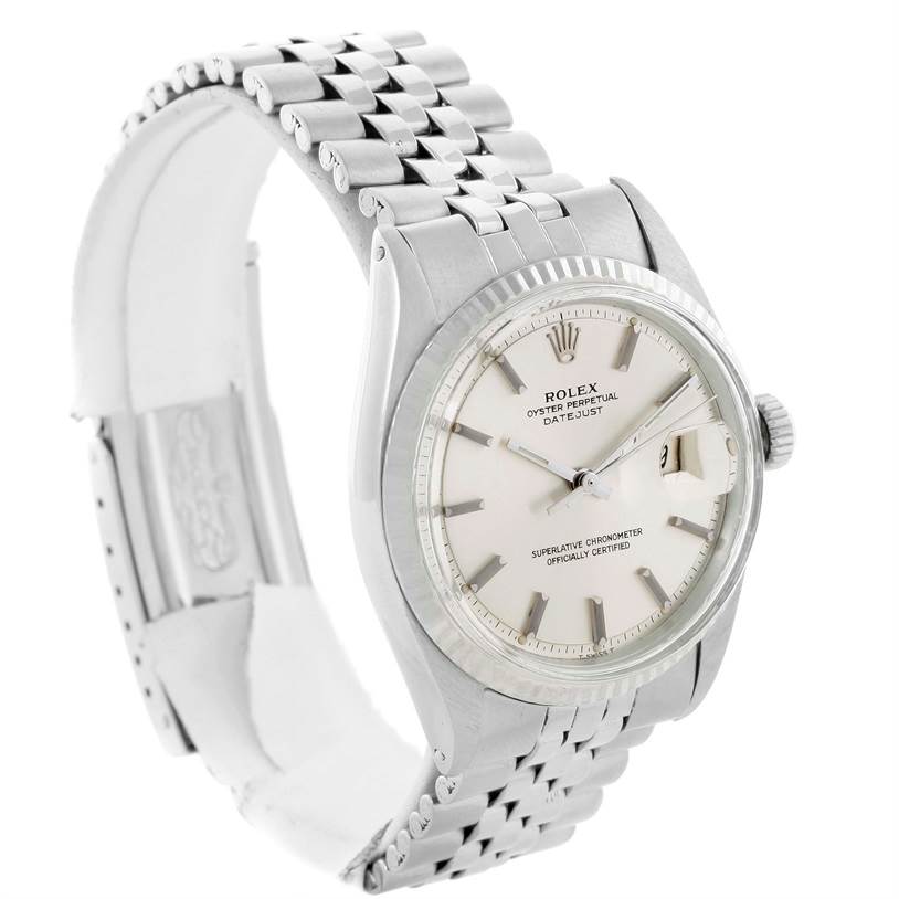 This image shows a side-angle view of the Rolex Vintage Collection 1601 Men's Stainless Steel Silver Dial 1601 Men's Stainless Steel Silver Dial watch, displaying the face, bezel, crown, and bracelet.