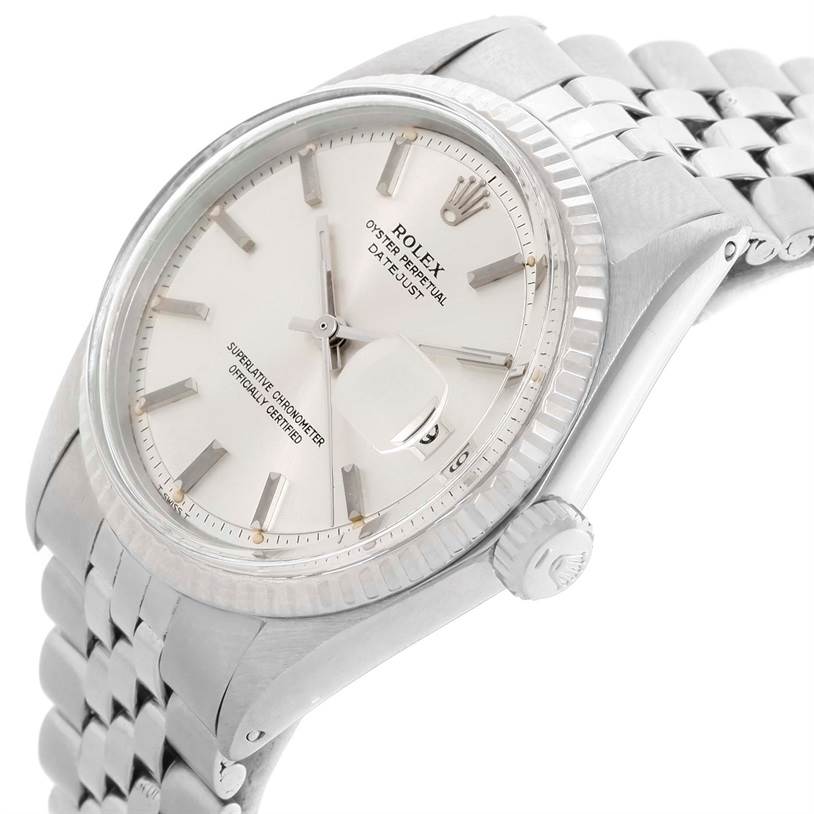 The Rolex Vintage Collection 1601 Men's Stainless Steel Silver Dial 1601 Men's Stainless Steel Silver Dial model watch is shown from an angled side view highlighting its dial, bezel, and part of the bracelet.