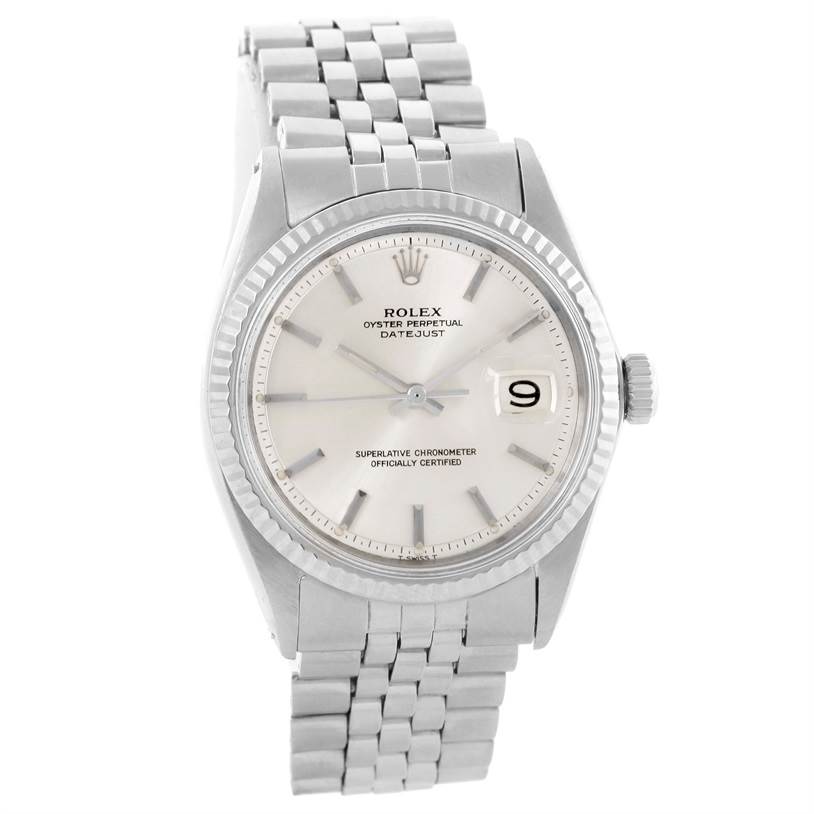 This Rolex Vintage Collection 1601 Men's Stainless Steel Silver Dial 1601 Men's Stainless Steel Silver Dial watch model is shown from a front angle, displaying the dial, hands, date, bezel, and bracelet.