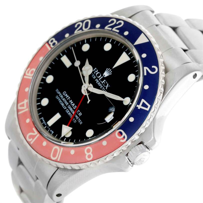 This image shows an angled view of the Rolex Vintage Collection 16750 Men's Stainless Steel Black Dial 16750 Men's Stainless Steel Black Dial GMT-Master watch, highlighting the bezel, dial, and part of the metal bracelet.