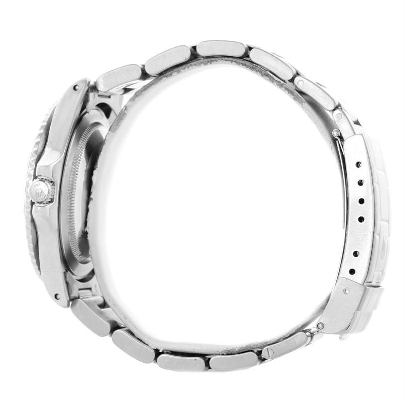 The image shows the side view of a Rolex Vintage Collection 16750 Men's Stainless Steel Black Dial 16750 Men's Stainless Steel Black Dial watch, highlighting the bracelet, clasp, and watch case with crown.