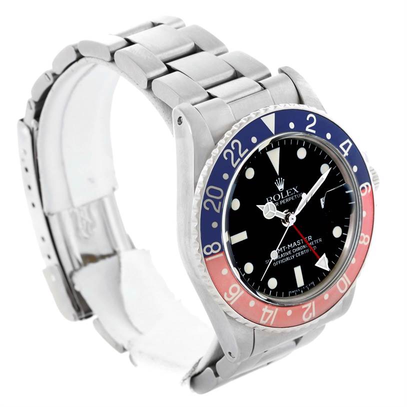 This image shows the Rolex Vintage Collection 16750 Men's Stainless Steel Black Dial 16750 Men's Stainless Steel Black Dial watch model, highlighting the face, bezel, and bracelet from a left side angle.