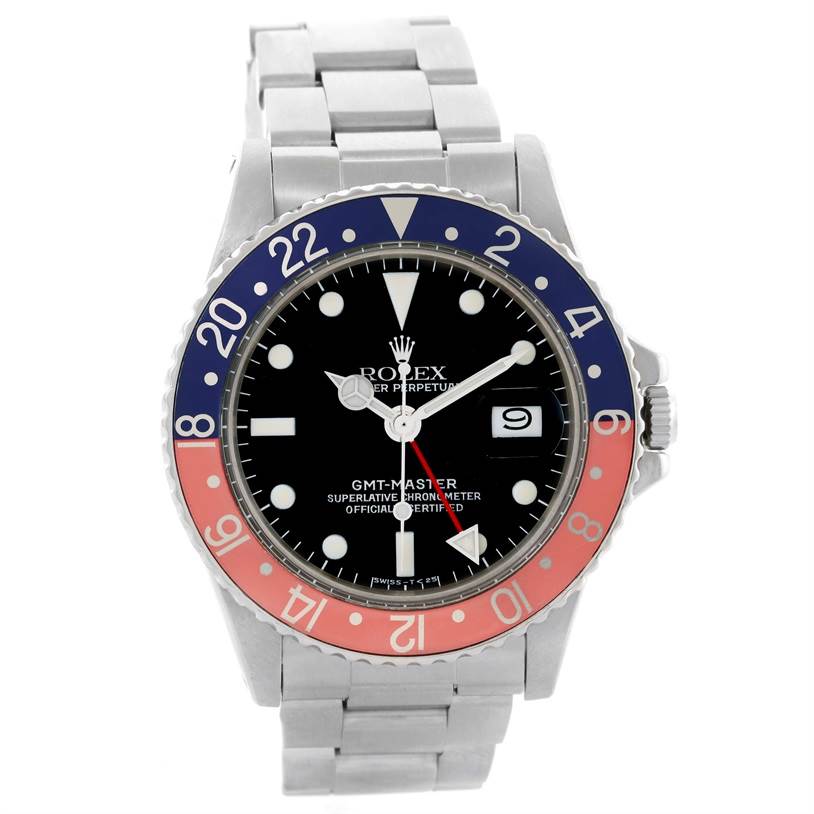 The Rolex Vintage Collection 16750 Men's Stainless Steel Black Dial 16750 Men's Stainless Steel Black Dial GMT-Master watch is shown from a front angle, displaying the bezel, dial, hands, and bracelet.