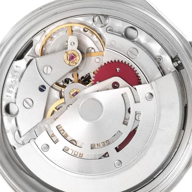 This image shows the internal mechanical movement of the Vintage Collection Rolex watch from a close-up, rear angle.