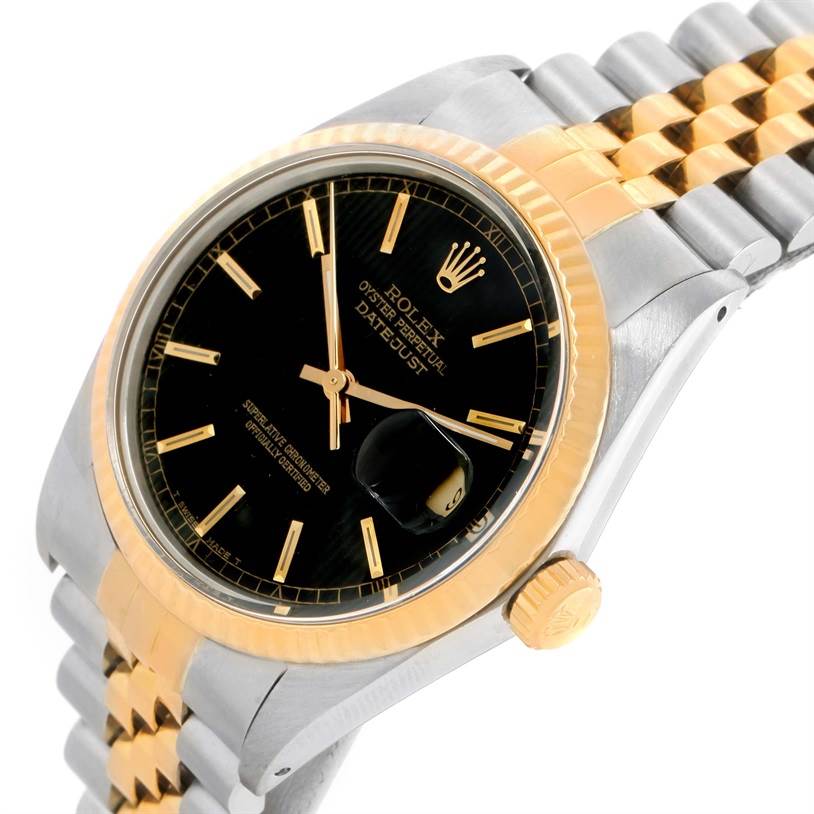 The Rolex Vintage Collection 16013 Men's Stainless Steel Black Dial 16013 Men's Stainless Steel Black Dial model watch is shown at an angle highlighting its black dial, gold markers, and two-tone bracelet.