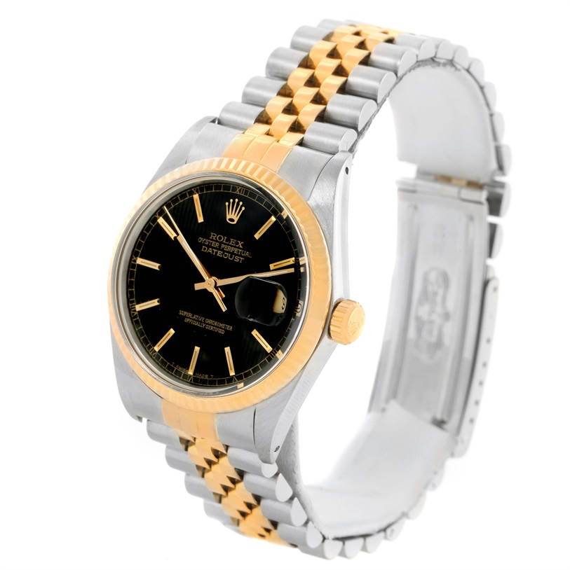 This image shows the Rolex Vintage Collection 16013 Men's Stainless Steel Black Dial 16013 Men's Stainless Steel Black Dial Datejust model watch from an angled front view, highlighting the dial, bezel, and bracelet.