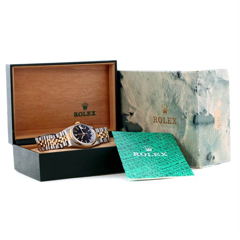 The image shows a Rolex Vintage Collection 16013 Men's Stainless Steel Black Dial 16013 Men's Stainless Steel Black Dial watch in its box, along with an outer box and documentation.