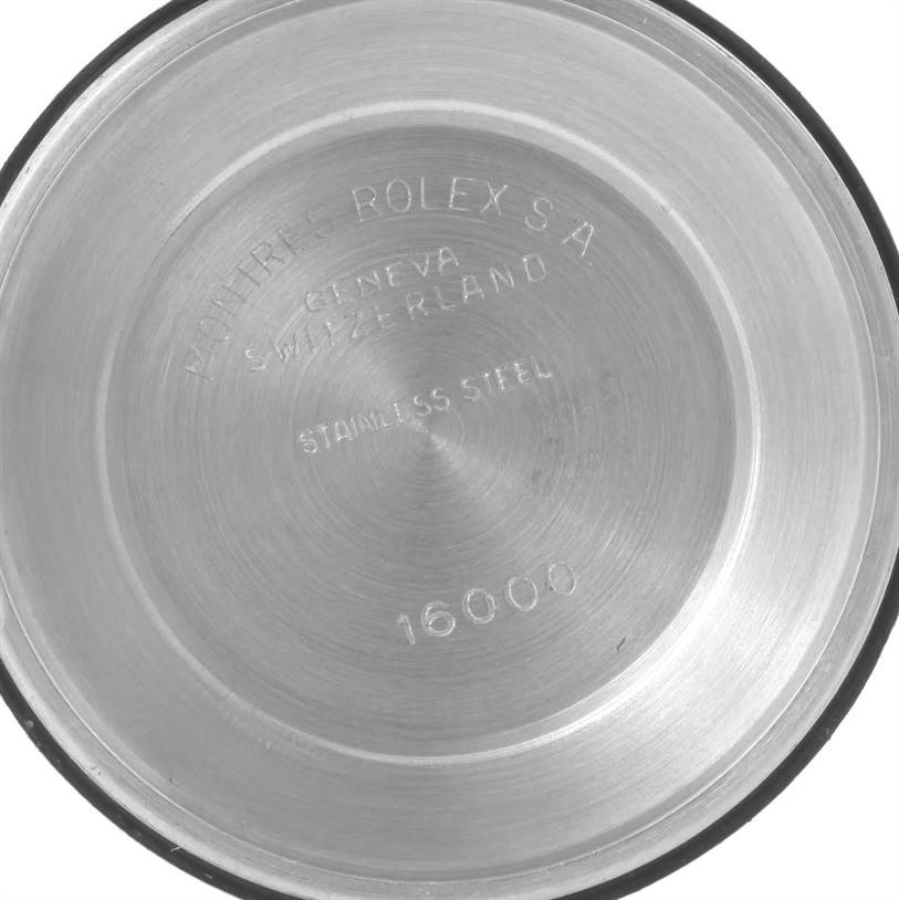 This image shows the inner case back of a Rolex Vintage Collection 16014 Men's Stainless Steel Silver Dial 16014 Men's Stainless Steel Silver Dial model, showcasing its engravings.