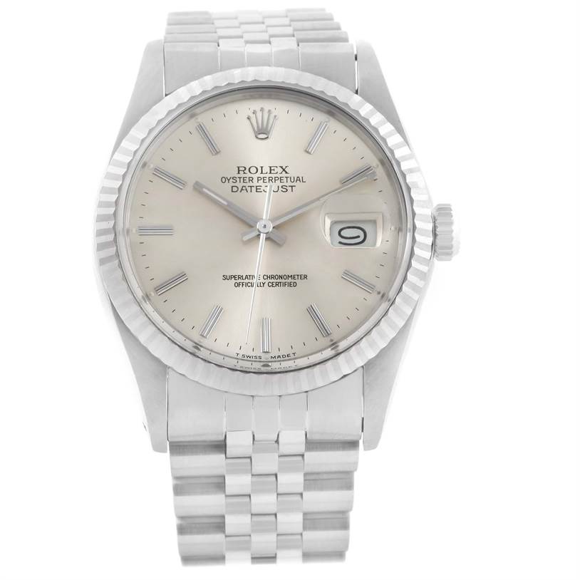 This image shows a Rolex Vintage Collection 16014 Men's Stainless Steel Silver Dial 16014 Men's Stainless Steel Silver Dial Datejust watch from a front angle, highlighting its face, bezel, and bracelet.