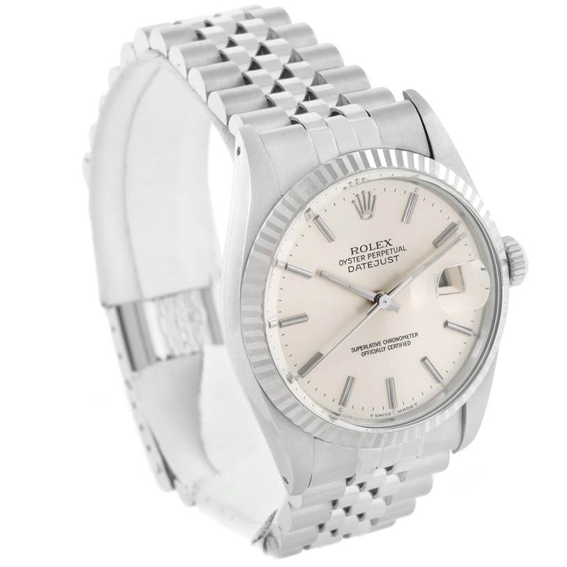 The Rolex Vintage Collection 16014 Men's Stainless Steel Silver Dial 16014 Men's Stainless Steel Silver Dial watch is shown at a slight side angle, displaying its face, bezel, crown, and metal bracelet.