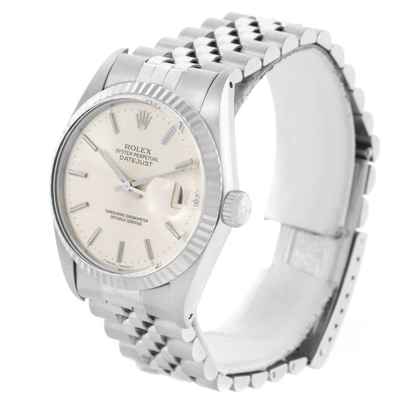 The image shows a Rolex Vintage Collection 16014 Men's Stainless Steel Silver Dial 16014 Men's Stainless Steel Silver Dial Datejust watch from a front angle, displaying the dial, bezel, and part of the bracelet.