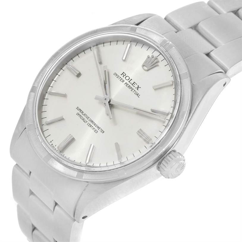 The Rolex Vintage Collection 1007 Men's Stainless Steel Silver Dial 1007 Men's Stainless Steel Silver Dial watch is shown at a slight top-side angle, highlighting its face, crown, and part of the bracelet.