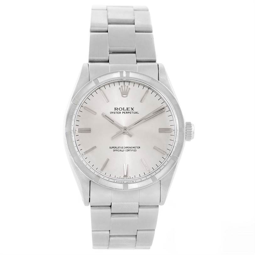 The image shows a front view of the Rolex Vintage Collection 1007 Men's Stainless Steel Silver Dial 1007 Men's Stainless Steel Silver Dial Oyster Perpetual watch, displaying the face and bracelet.