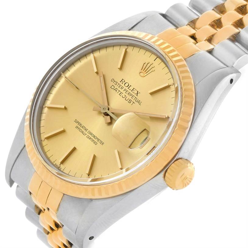 The Rolex Vintage Collection 16013 Men
s Stainless Steel Champagne Dial 16013 Men
s Stainless Steel Champagne Dial model is shown at an angled view, highlighting its gold dial, fluted bezel, and two-tone Jubilee bracelet.