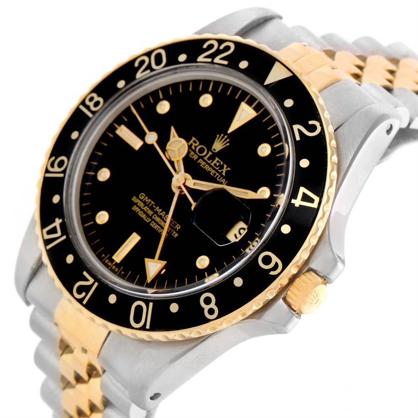 This image shows a close-up angled view of the Rolex Vintage Collection 16753 Men's Stainless Steel Black Dial 16753 Men's Stainless Steel Black Dial GMT-Master watch, highlighting the bezel, dial, and part of the bracelet.