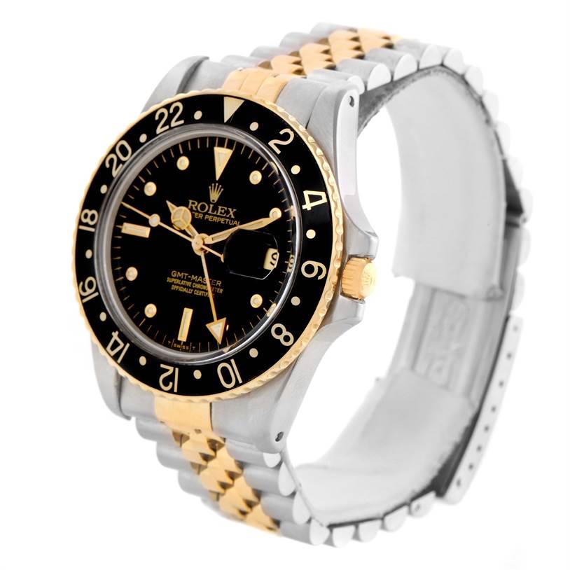 This Rolex Vintage Collection 16753 Men's Stainless Steel Black Dial 16753 Men's Stainless Steel Black Dial GMT-Master watch is displayed at a three-quarter angle, showcasing the bezel, dial, crown, and bracelet.
