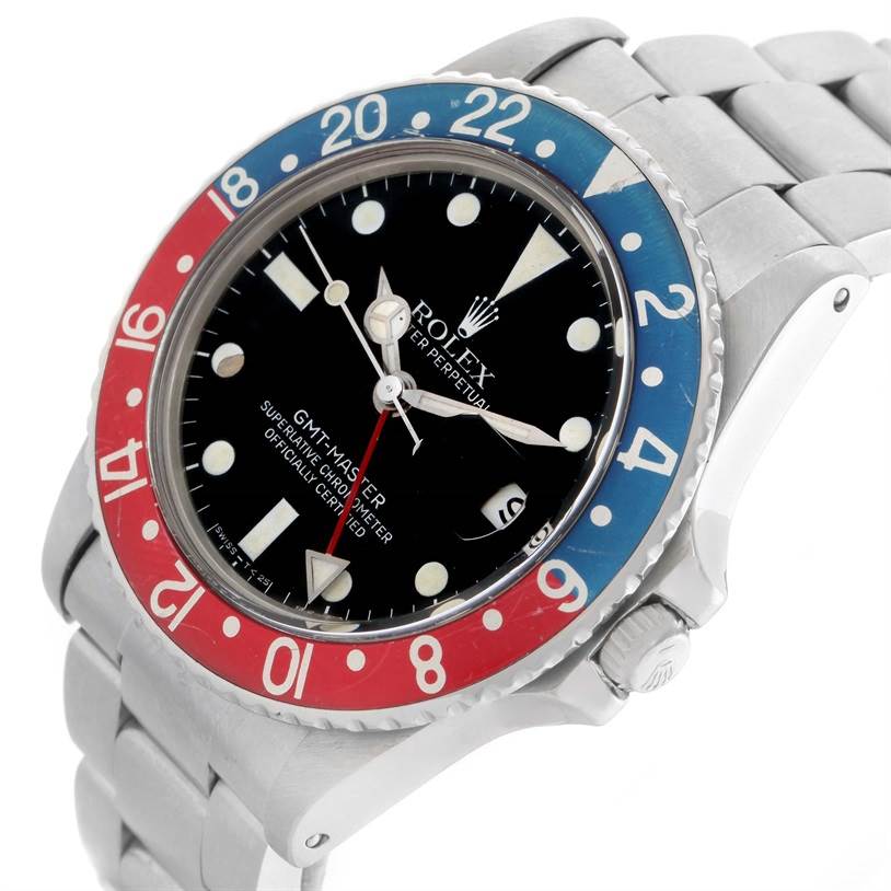 The image shows a Rolex Vintage Collection 16750 Men's Stainless Steel Black Dial 16750 Men's Stainless Steel Black Dial GMT-Master watch from an oblique angle, highlighting its dial, bezel, and bracelet.