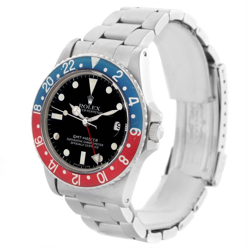 The image shows a side angle of a Rolex Vintage Collection 16750 Men's Stainless Steel Black Dial 16750 Men's Stainless Steel Black Dial GMT-Master watch, highlighting its bezel, face, and bracelet.