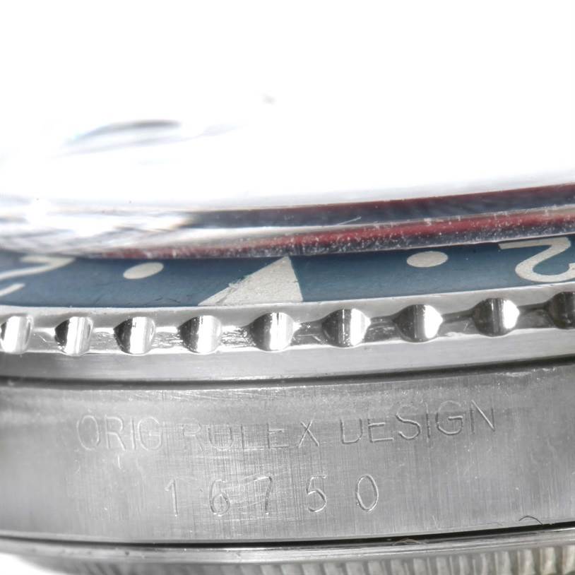 The image shows a close-up side view of the bezel and case of the Vintage Collection Rolex watch, including the model number 16750.