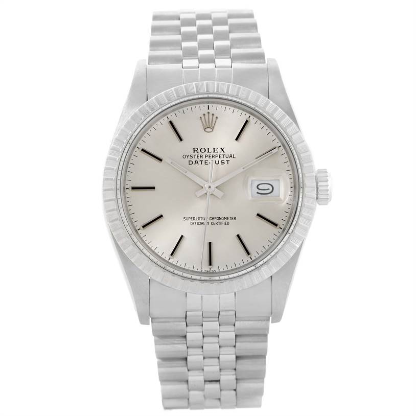 This image shows a front view of the Rolex Datejust Vintage Collection watch, highlighting the dial, date window, bezel, and bracelet.