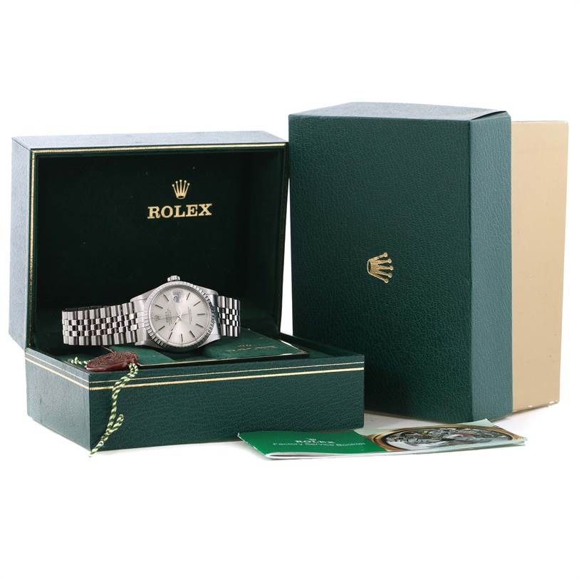 The Rolex Vintage Collection 16030 Men's Stainless Steel Silver Dial 16030 Men's Stainless Steel Silver Dial watch is shown inside its green box, accompanied by booklets and a tag.