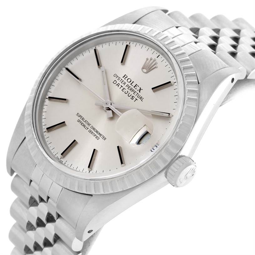 The image shows a Vintage Collection Rolex Oyster Perpetual Datejust watch at a slight angle, highlighting the face, bezel, and bracelet.