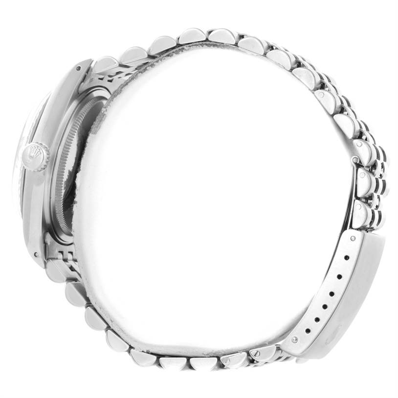 This side view shows the bracelet, clasp, and crown of the Rolex Vintage Collection 16030 Men's Stainless Steel Silver Dial 16030 Men's Stainless Steel Silver Dial model watch.