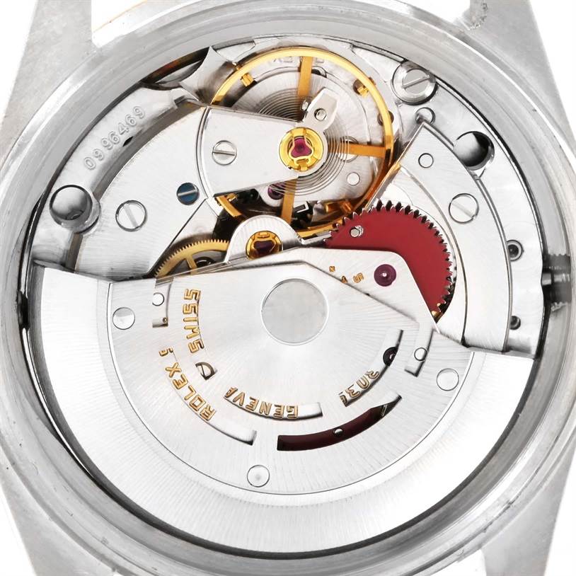 This image shows the inner mechanism and movement parts of a Rolex Vintage Collection 16013 Men
s Stainless Steel Champagne Dial 16013 Men
s Stainless Steel Champagne Dial watch from a back angle.