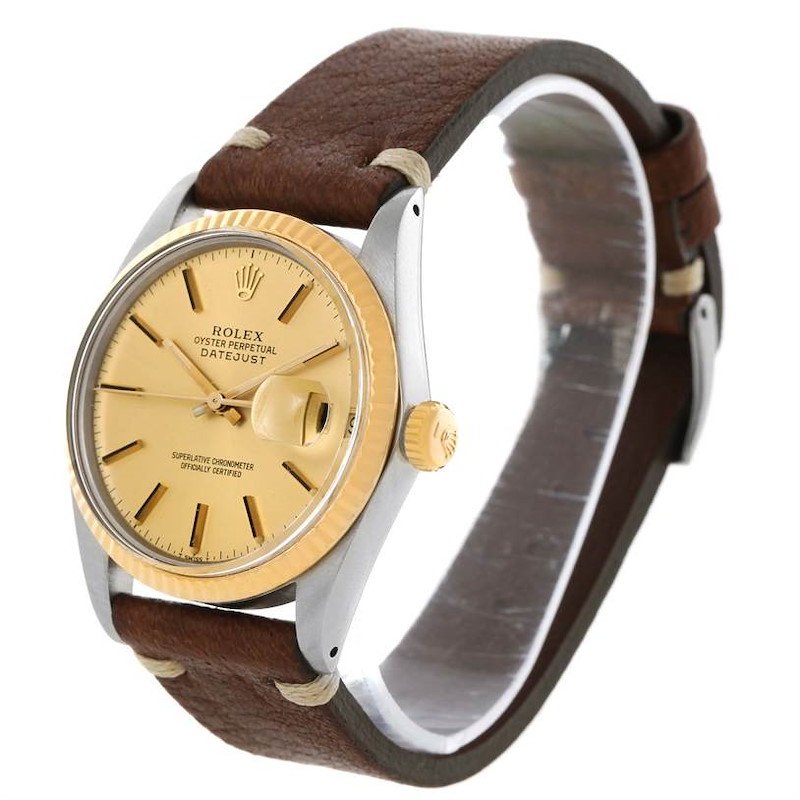 Rolex Datejust Vintage Steel Yellow Gold Brown Strap Watch 16013 SwissWatchExpo