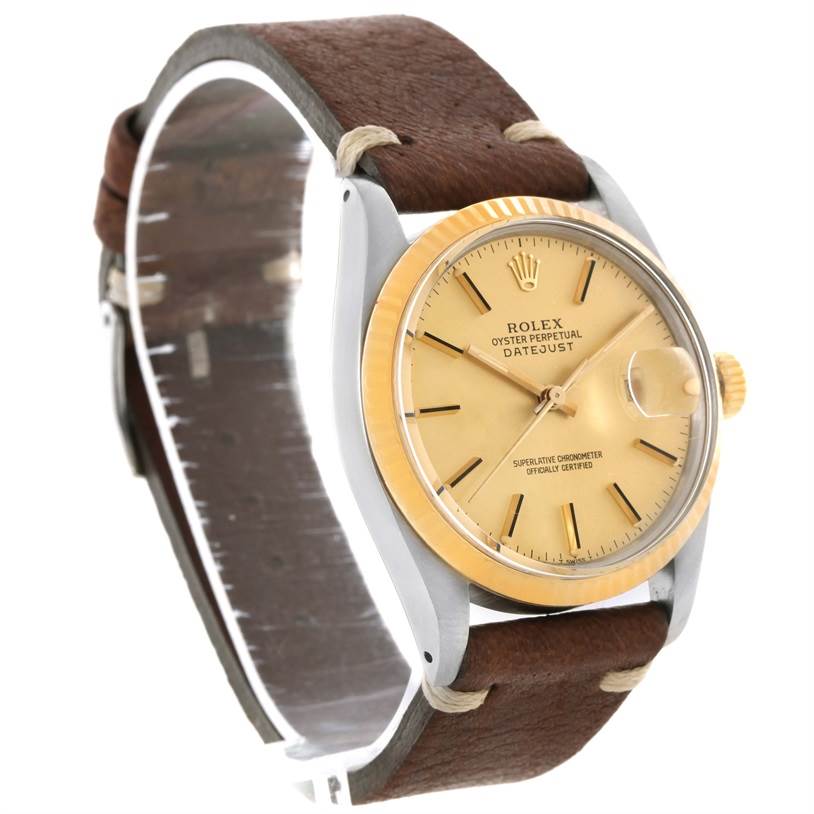 The image shows a Rolex Vintage Collection 16013 Men
s Stainless Steel Champagne Dial 16013 Men
s Stainless Steel Champagne Dial Oyster Perpetual Datejust watch from an angled side view, highlighting the face, bezel, and strap.