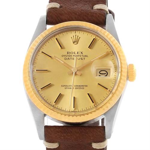 Photo of Rolex Datejust Vintage Steel Yellow Gold Brown Strap Watch 16013