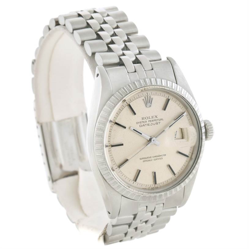 This image shows a Rolex Vintage Collection 1603 Men's Stainless Steel Silver Dial 1603 Men's Stainless Steel Silver Dial Oyster Perpetual Datejust watch at a left-side angle, highlighting the dial and part of the bracelet.