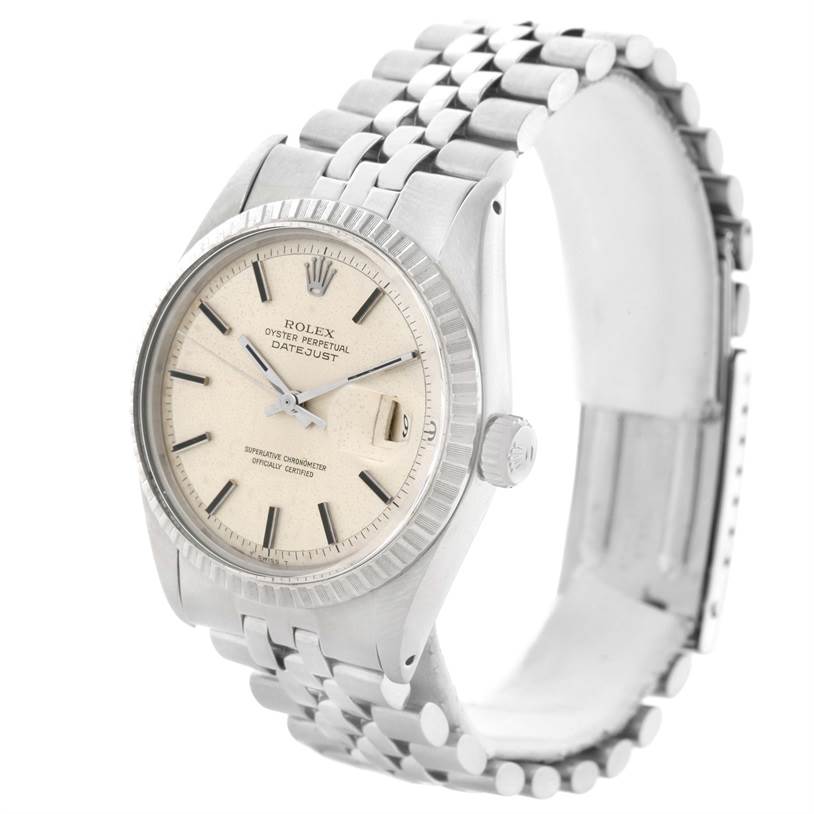 The image shows a Rolex Vintage Collection 1603 Men's Stainless Steel Silver Dial 1603 Men's Stainless Steel Silver Dial Datejust watch at a slight angle, highlighting its face, bracelet, and clasp.