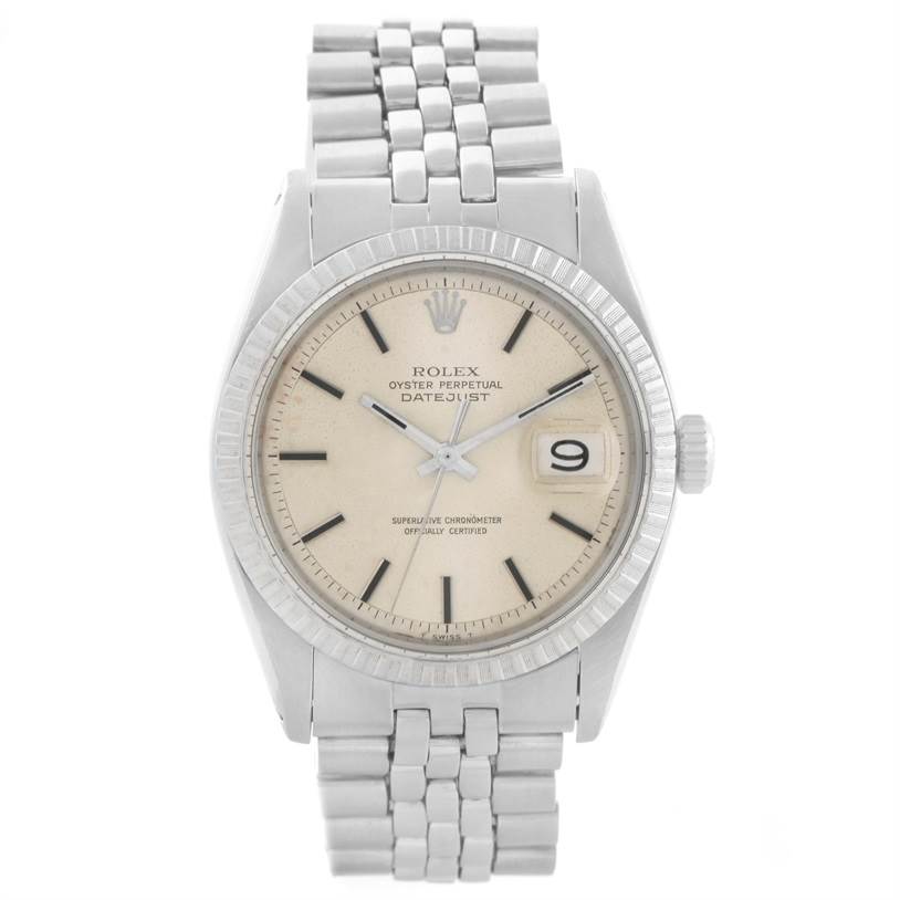 This image shows a front view of a Rolex Vintage Collection 1603 Men's Stainless Steel Silver Dial 1603 Men's Stainless Steel Silver Dial model Oyster Perpetual Datejust watch, including the dial, hands, date window, and bracelet.