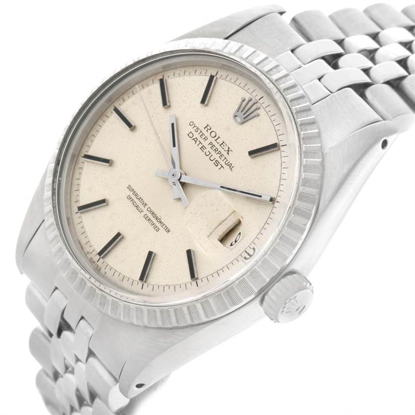 The image shows a close-up, angled view of the face and bracelet of a Rolex Vintage Collection 1603 Men's Stainless Steel Silver Dial 1603 Men's Stainless Steel Silver Dial watch.