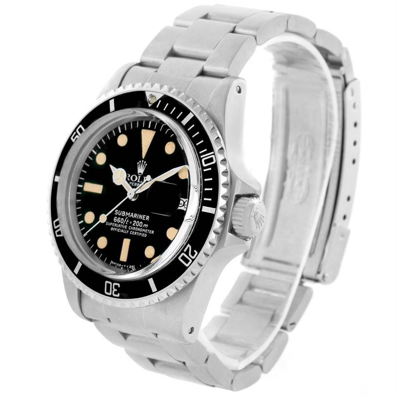 The image features a Rolex Vintage Collection 1680 Men's Stainless Steel Black Dial 1680 Men's Stainless Steel Black Dial Submariner watch at a three-quarter angle, showcasing the dial, bezel, crown, and metal bracelet.