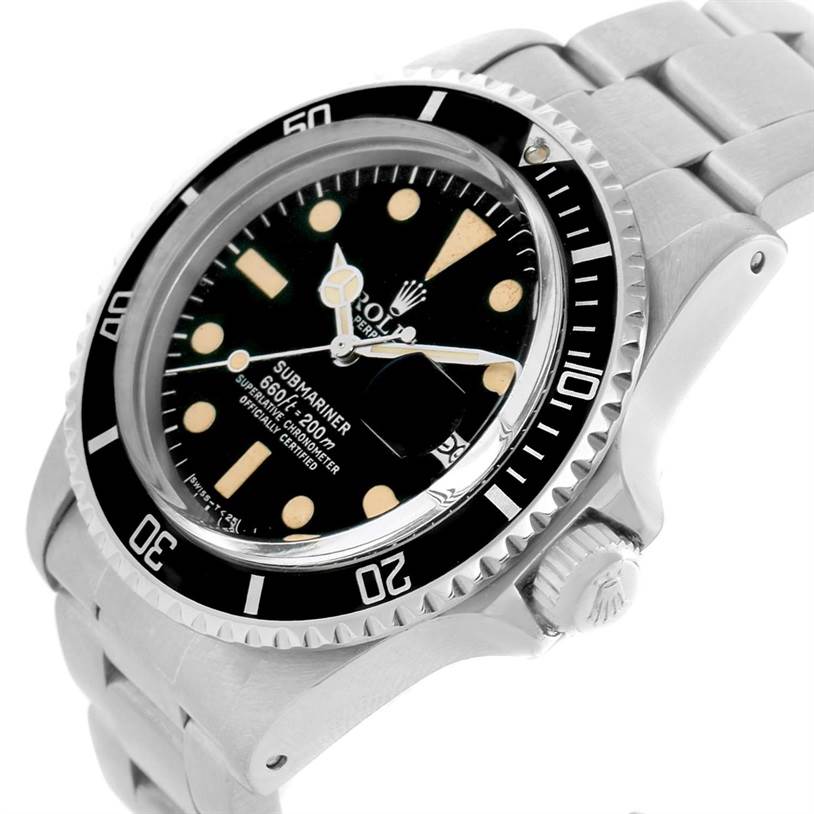 The Rolex Vintage Collection 1680 Men's Stainless Steel Black Dial 1680 Men's Stainless Steel Black Dial Submariner watch is shown at an angle showcasing its dial, bezel, bracelet, and crown.