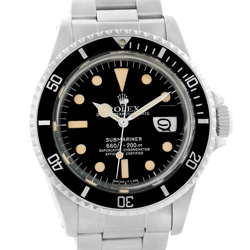 This image shows a front view of the Rolex Vintage Collection 1680 Men's Stainless Steel Black Dial 1680 Men's Stainless Steel Black Dial Submariner watch displaying its dial, bezel, and bracelet.
