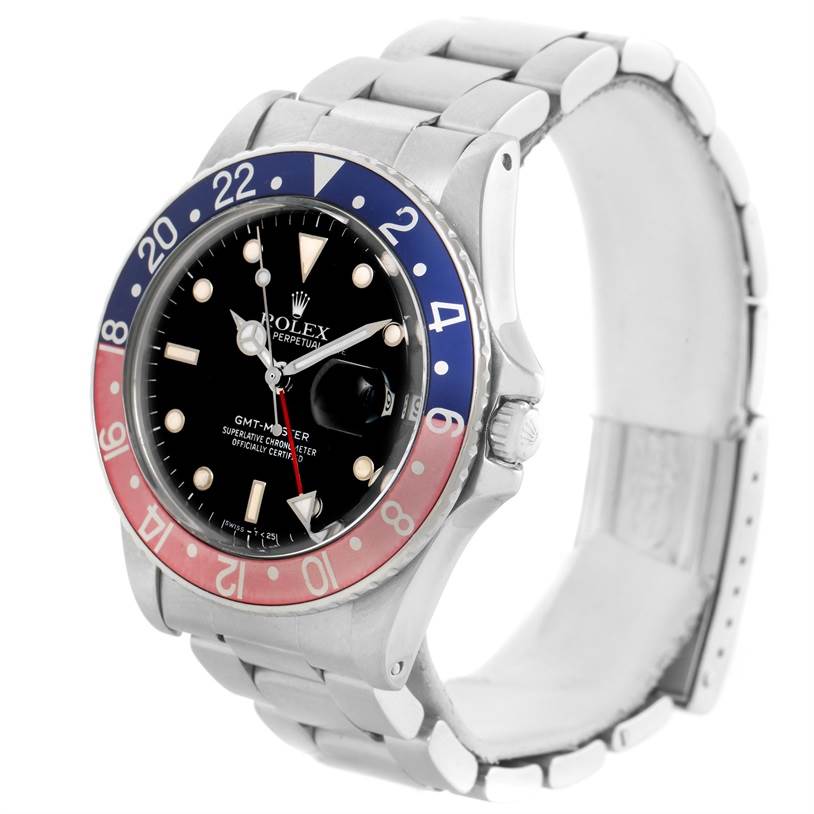 The image shows a front-side view of the Vintage Collection GMT-Master model by Rolex, highlighting the dial, bezel, and bracelet.