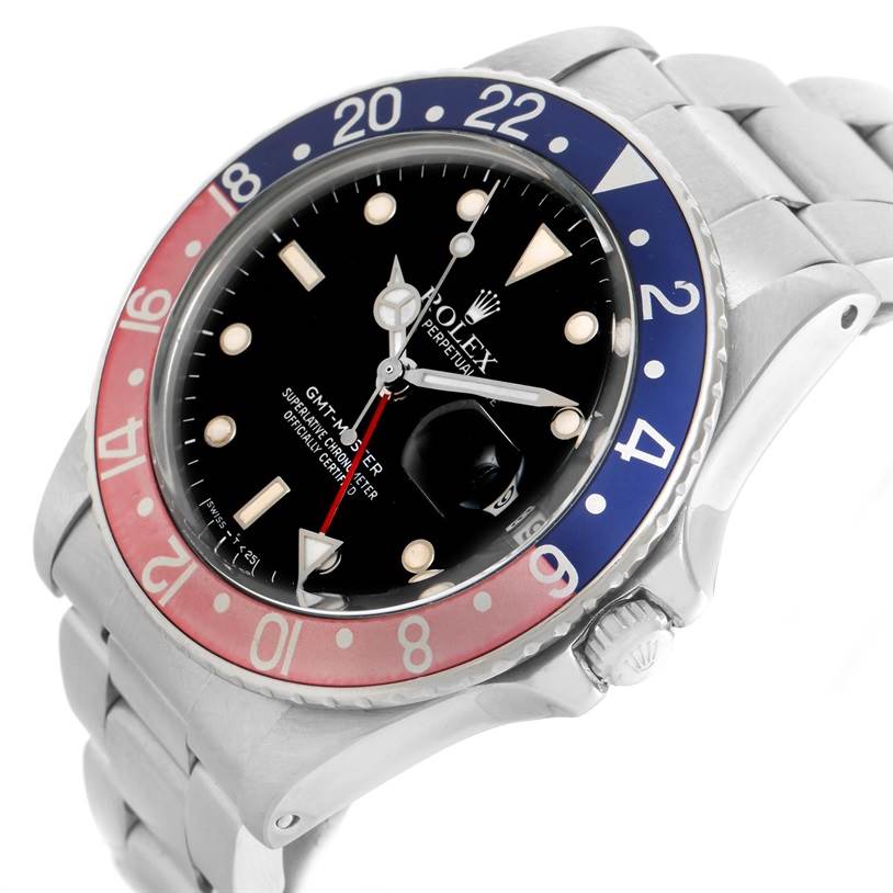 This image shows a Rolex Vintage Collection 16750 Men's Stainless Steel Black Dial 16750 Men's Stainless Steel Black Dial GMT-Master watch from a front-side angle, highlighting the Pepsi bezel and bracelet.