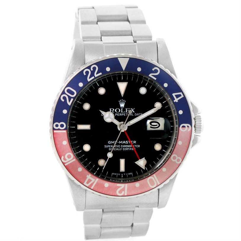 The image shows a front view of a Rolex Vintage Collection 16750 Men's Stainless Steel Black Dial 16750 Men's Stainless Steel Black Dial GMT-Master watch, highlighting the bezel, dial, and bracelet.
