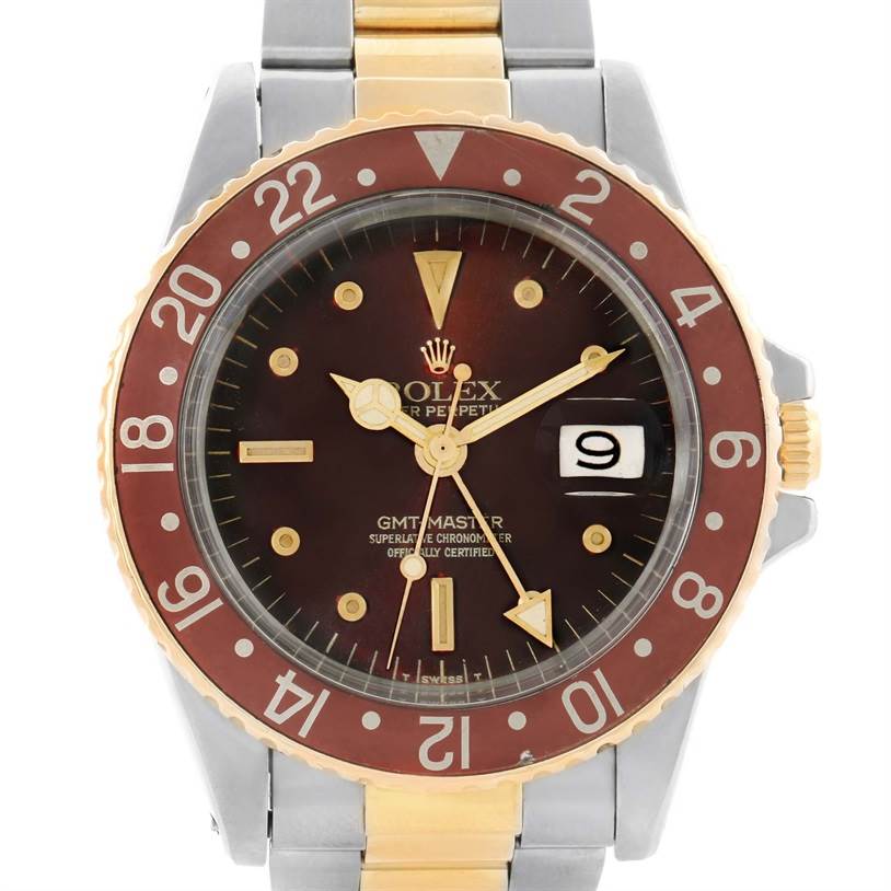 The image shows a Rolex Vintage Collection 1675 Men's Stainless Steel Brown Dial 1675 Men's Stainless Steel Brown Dial GMT-Master watch, featuring the face, hands, date window, and bezel.