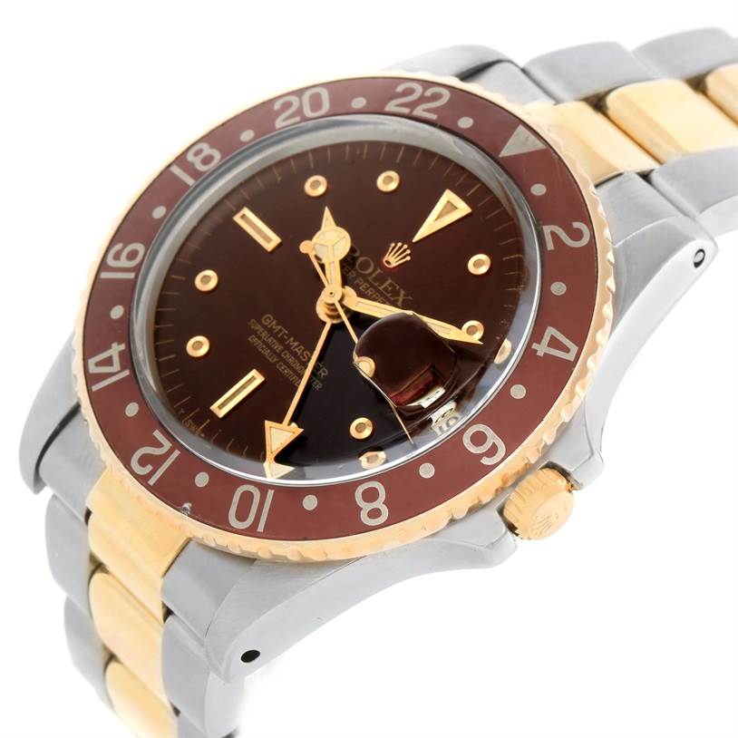 The image shows a close-up of the Rolex Vintage Collection 1675 Men's Stainless Steel Brown Dial 1675 Men's Stainless Steel Brown Dial GMT-Master watch from a slight side angle, highlighting the bezel, face, and part of the band.